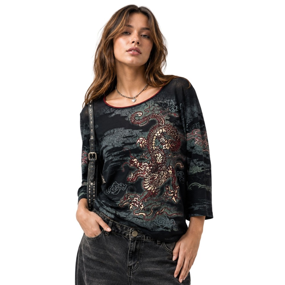 Vintage Y2K Dragon Graphic Metallic Asian Top Katina Marie Womens 1X Black Gold